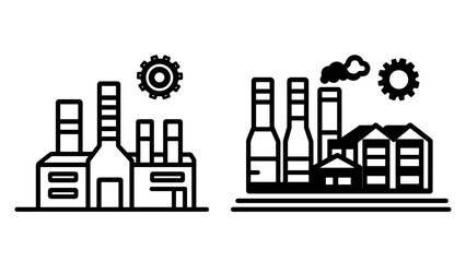 minimal icon of a factory building with chimneys and a gear symbol, isolated on a white background.