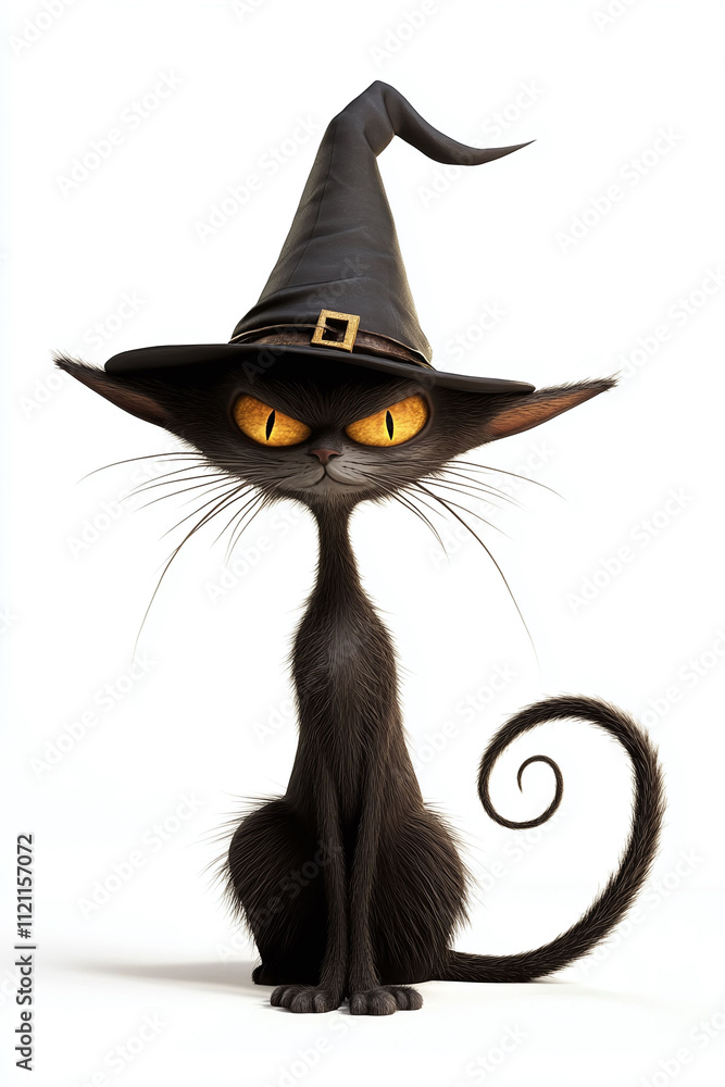 Poster isolated on a white background a mischievous animated cat with a sly grin wearing a tiny wizard hat.