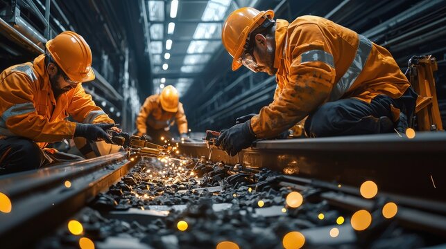 Railway maintenance team working on underground tracks under focused industrial lighting - Powered by Adobe