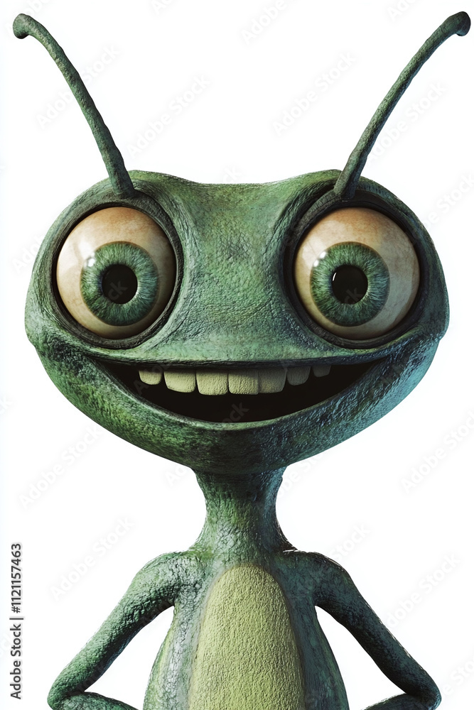 Poster isolated on a white background a quirky animated alien with three eyes and antennae smiling widely.
