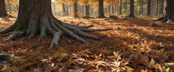 Obraz premium Forest floor covered in crunchy leaves and pine needles under an autumnal tree , autumn, earthy