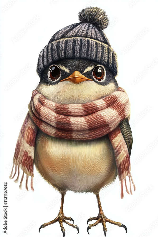 Poster isolated on a white background a quirky animated character a bird wearing a tiny hat and scarf