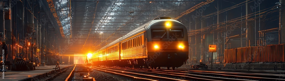 Poster railway station in an industrial zone with engineers calibrating systems under warm-toned lighting