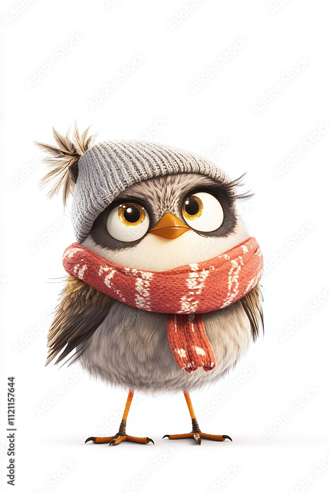 Poster isolated on a white background a quirky animated character a bird wearing a tiny hat and scarf