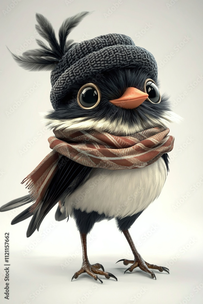 Poster isolated on a white background a quirky animated character a bird wearing a tiny hat and scarf