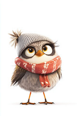 Isolated on a White Background A quirky animated character a bird wearing a tiny hat and scarf