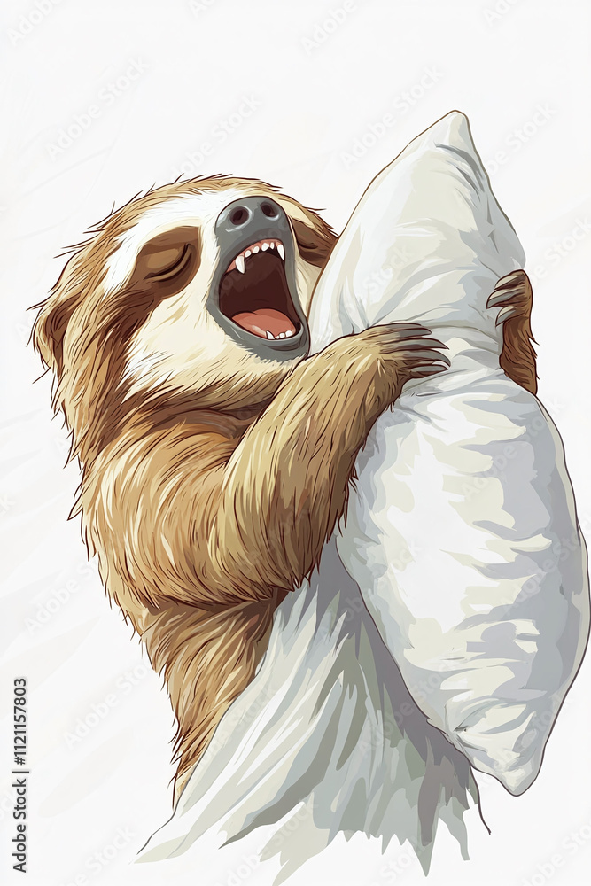 Poster isolated on a white background a sleepy animated sloth hugging a pillow and yawning adorably.