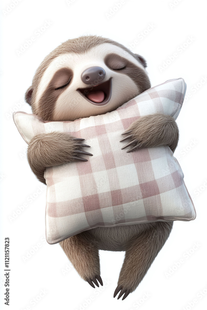 Poster isolated on a white background a sleepy animated sloth hugging a pillow and yawning adorably.