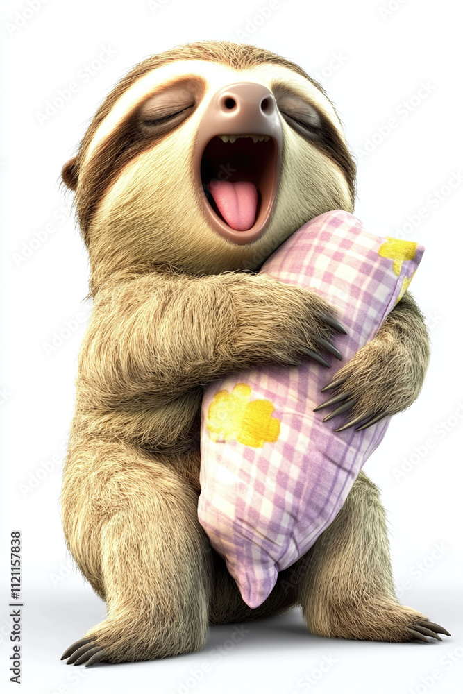 Poster isolated on a white background a sleepy animated sloth hugging a pillow and yawning adorably.