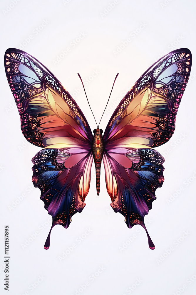 Poster isolated on a white background a vibrant animated butterfly with intricate patterns and glowing colo