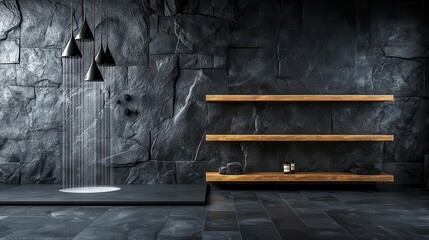Modern interior with stone wall, wooden shelves, and stylish pendant lights.