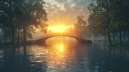 A beautiful large bridge over the river in the fog at sunset, dawn. Generated by artificial intelligence.