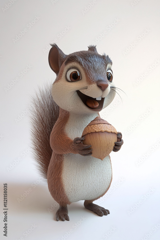 Poster isolated on a white background an animated squirrel holding an acorn and smiling cheerfully.