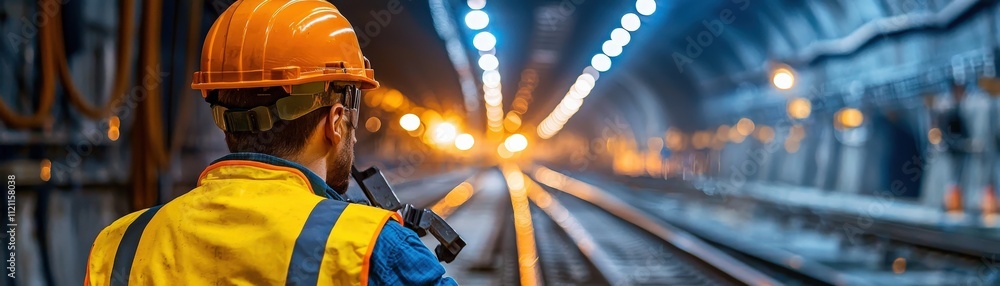 Poster Railway worker ensuring track alignment in a dimly lit tunnel, surrounded by industrial textures
