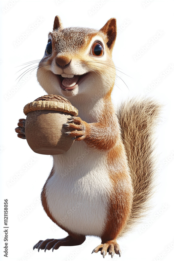Poster isolated on a white background an animated squirrel holding an acorn and smiling cheerfully.