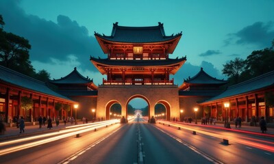 Obraz premium Illuminated Asian Archway at Dusk 