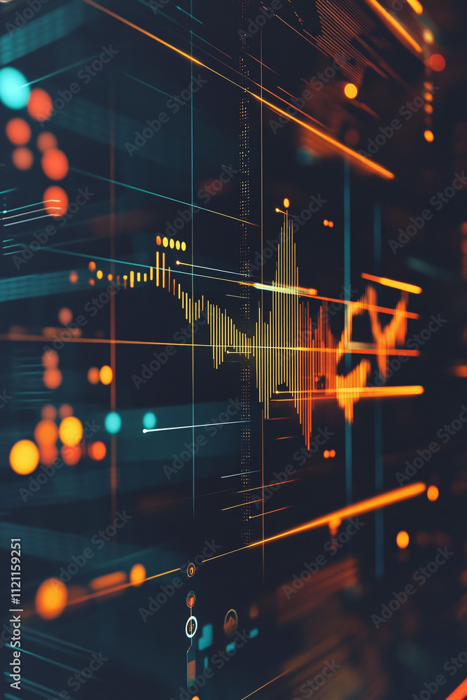 Aufkleber minimalist fintech logo displayed on a futuristic interface featuring bar and line graphs.