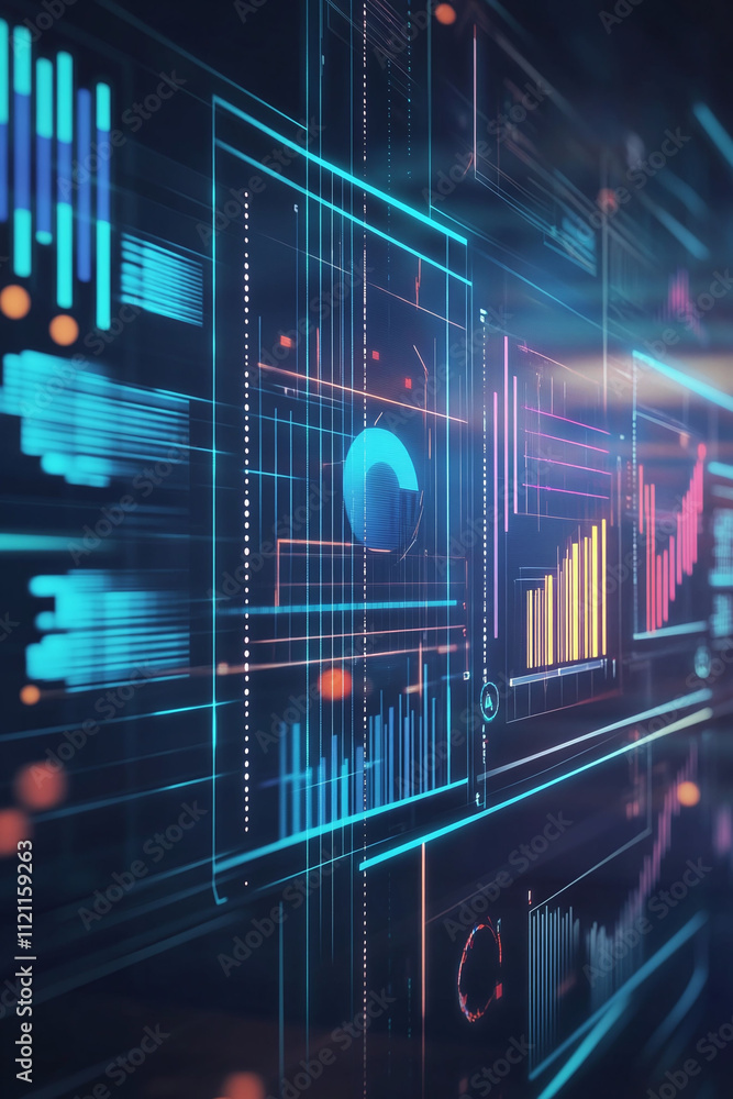 Aufkleber minimalist fintech logo displayed on a futuristic interface featuring bar and line graphs.
