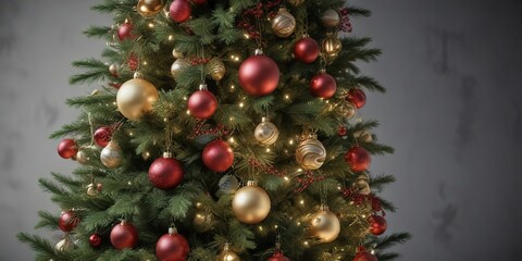 Ornaments and garlands cascading down the branches of a tall pine Christmas tree, ornaments, evergreen branches, elegant decor