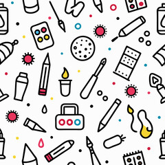 Colorful seamless pattern with art supplies and tools.
