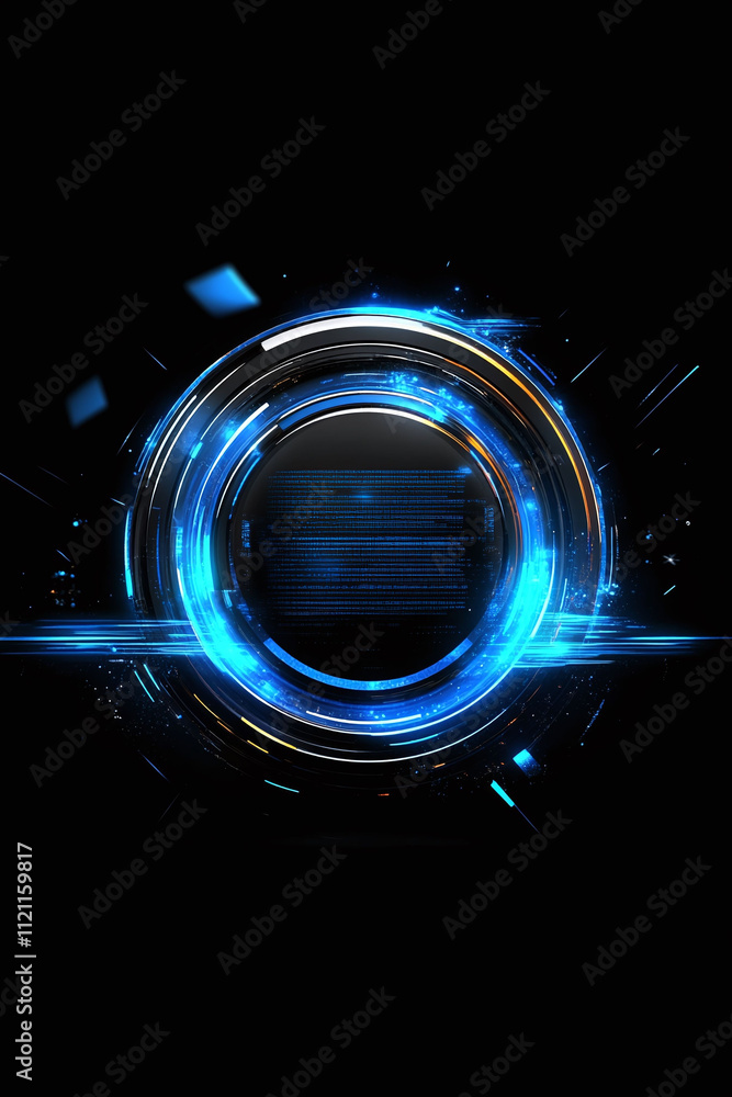 Poster modern fintech badge on a dark background with blue light trails and floating data particles.