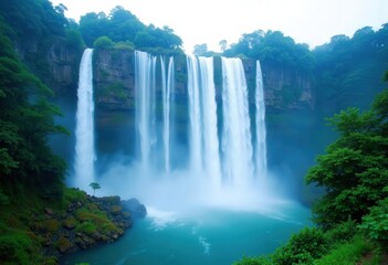 Fototapeta premium Majestic Waterfall Cascading into Teal Pool 