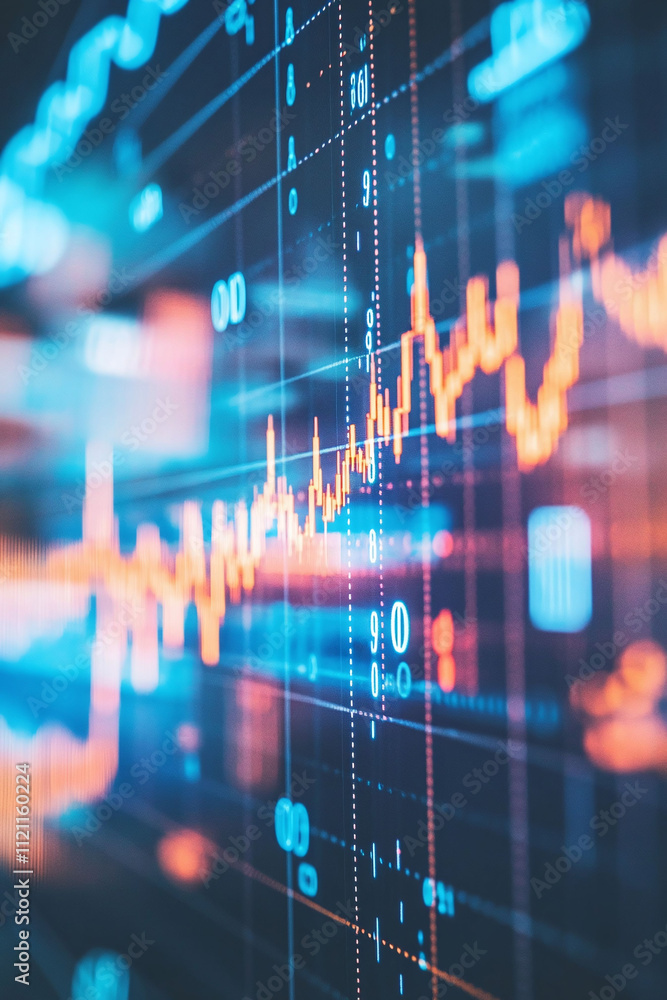 Poster modern fintech logo illuminated by a soft blue glow with fluctuating graphs in the background.