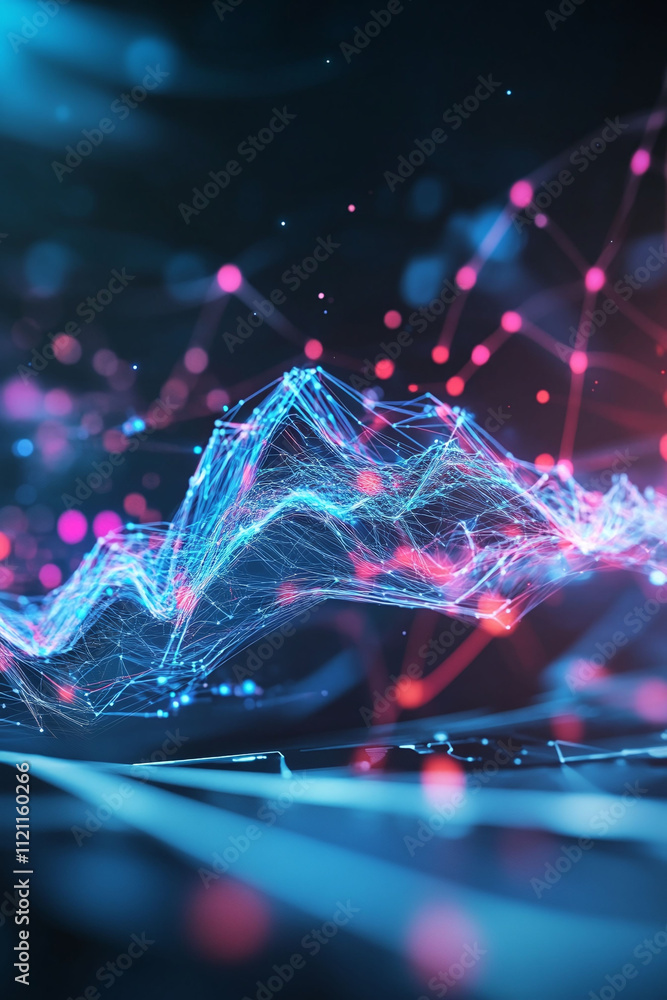 Poster modern fintech logo illuminated by a soft blue glow with fluctuating graphs in the background.