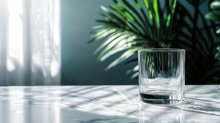 Transparent glassware on a pristine white marble surface, illuminated by soft natural light