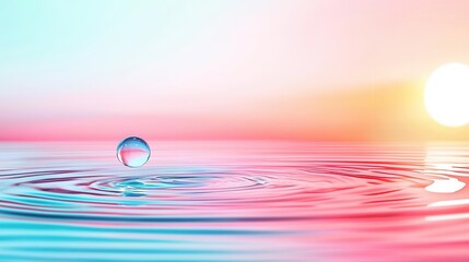 Water droplet creating ripples in a colorful environment with sunrise.