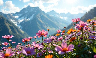 Fototapeta premium Vibrant alpine flowers swaying gently in the mountain breeze, colorful blooms, flower fields