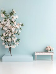 White floral arrangement on light blue background with minimalist decor.