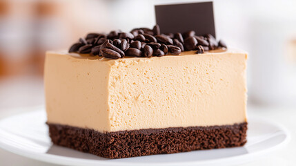 A close-up photo of a square slice of coffee cheesecake resting on a white plate. 