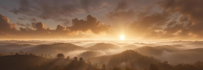Fototapeta premium Golden light scattering through misty atmosphere, glowing, atmospheric