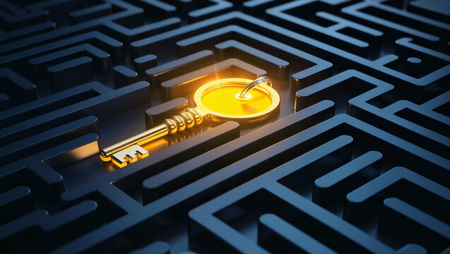 Unlocking pathways within a complex maze featuring a golden key symbolizing solutions and discoveries