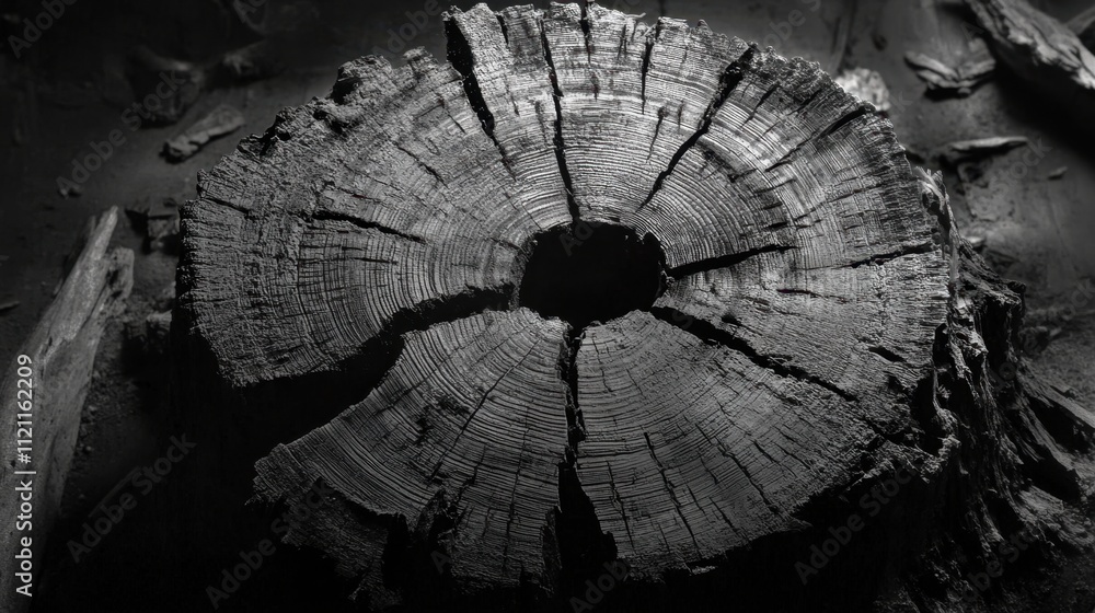Poster aged tree stump surface showing intricate ring patterns and rough, natural textures up close