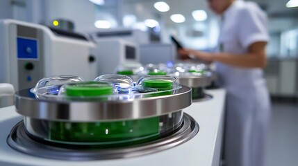 Naklejka premium Close-up of Laboratory Centrifuge with Green Samples and Blurred Scientist in Background