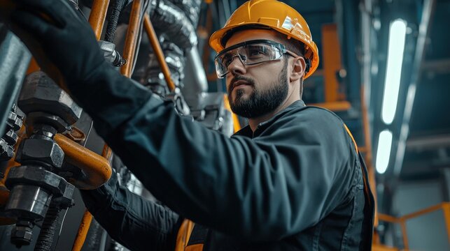 Worker on an oil rig platform, orange industrial lighting accentuating the equipment