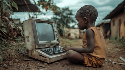 African Child Using Old Computer, Rural Poverty, Digital Divide