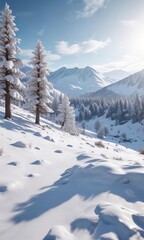 Snowy landscape with snow-covered trees and hills, bare branches, frosty mornings, snowy woods