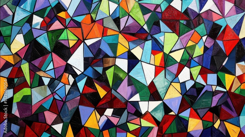 Poster bright geometric pattern with colorful polygon shapes in a layered abstract style