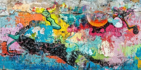 A graffiti-painted wall with vibrant colors and urban art, creating a trendy, street-style vibe.