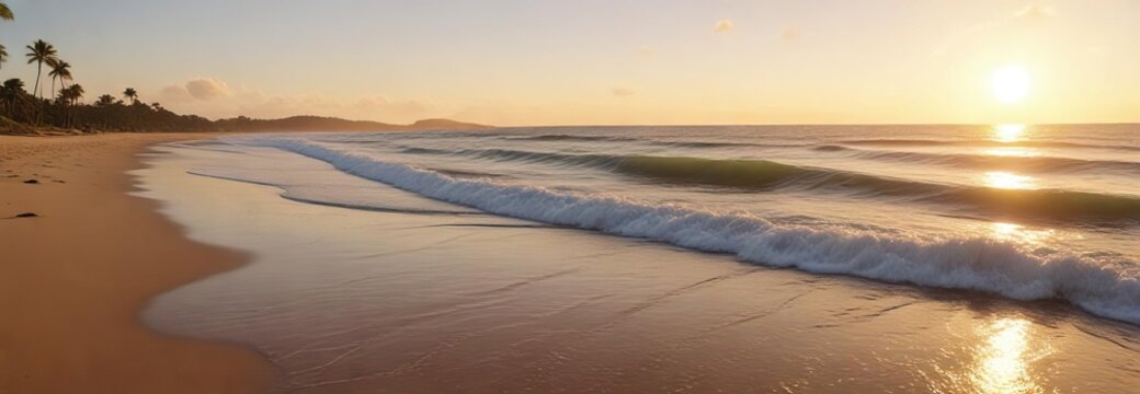 Golden hour light on the beach with waves gently lapping against the shore at Pampatar Beach, ocean, purple