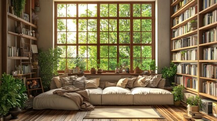 Fototapeta premium Serene Living Room With Large Window And Bookshelves
