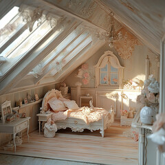 A dollhouse bedroom, light beige and cream colors, with a bed, dresser, and decorative items. Sunlight streams in.

