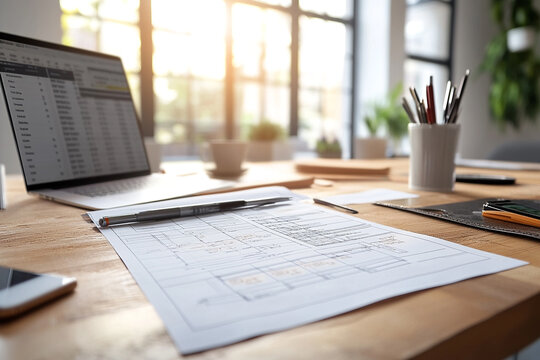 Close-up of a construction estimator's desk with project blueprints and cost estimates, showcasing a job in construction estimation