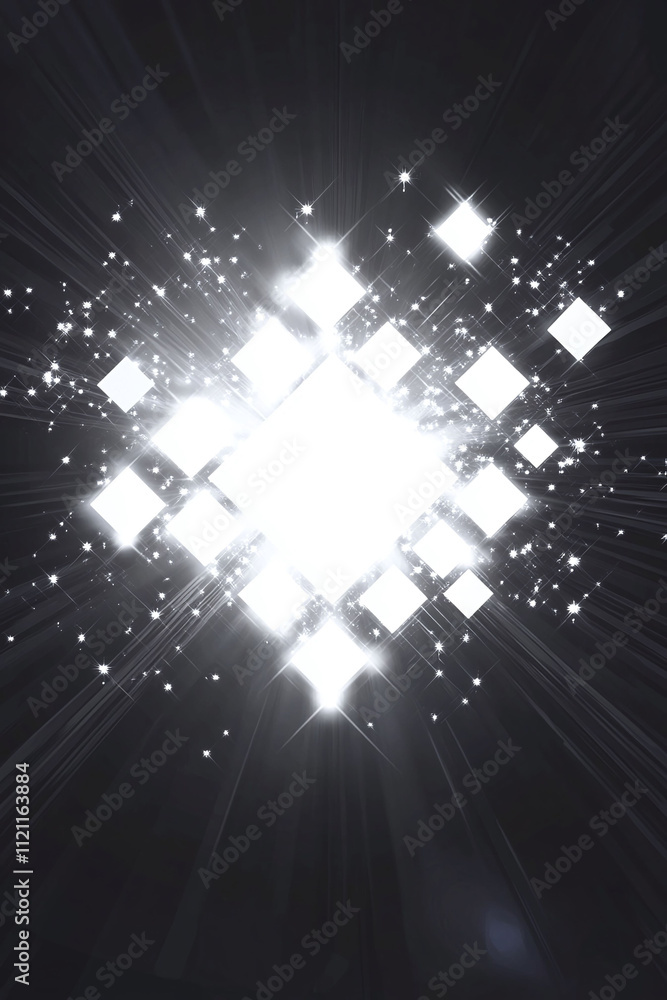 Poster white fintech logo illuminated by a digital sunburst with glowing cryptocurrency and blockchain-insp