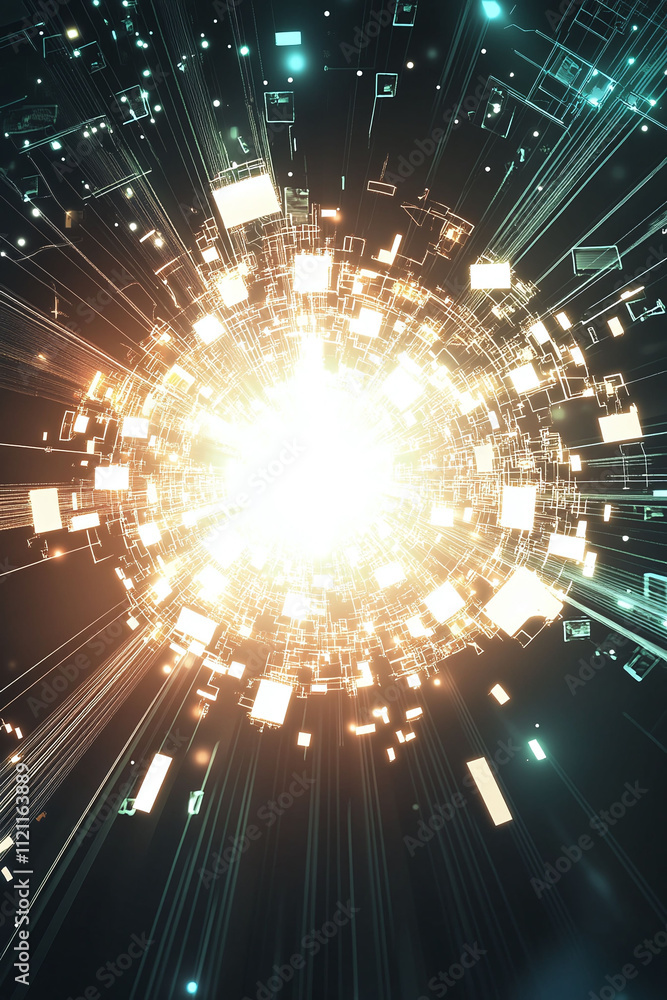 Poster white fintech logo illuminated by a digital sunburst with glowing cryptocurrency and blockchain-insp