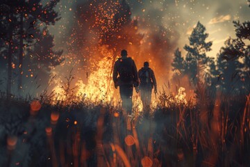 Fototapeta premium Devastating forest fire a ground level view of flames consuming trees and grass in the wilderness