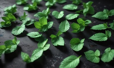 Vibrant mint leaves scattered on a dark surface , #foliage, #floral, #scattered
